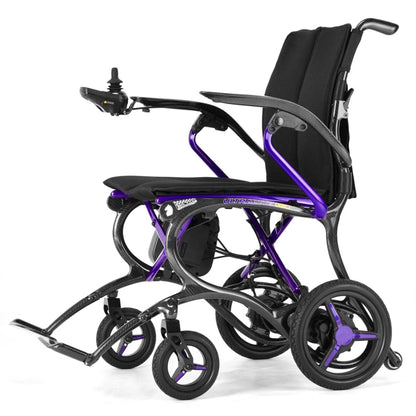 Rear three quarter angle view of the Ultralite G20 lightweight carbon fiber folding electric wheelchair with compact travel-ready frame and ergonomic seating system