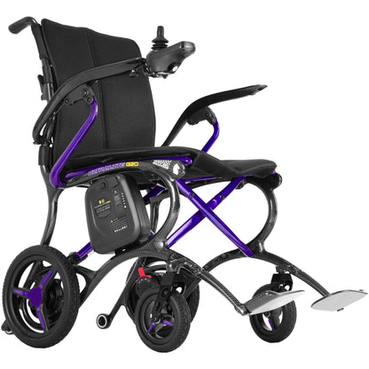 Front angle view of the Ultralite G20 carbon fiber folding electric wheelchair with lightweight travel-ready frame and compact folding design