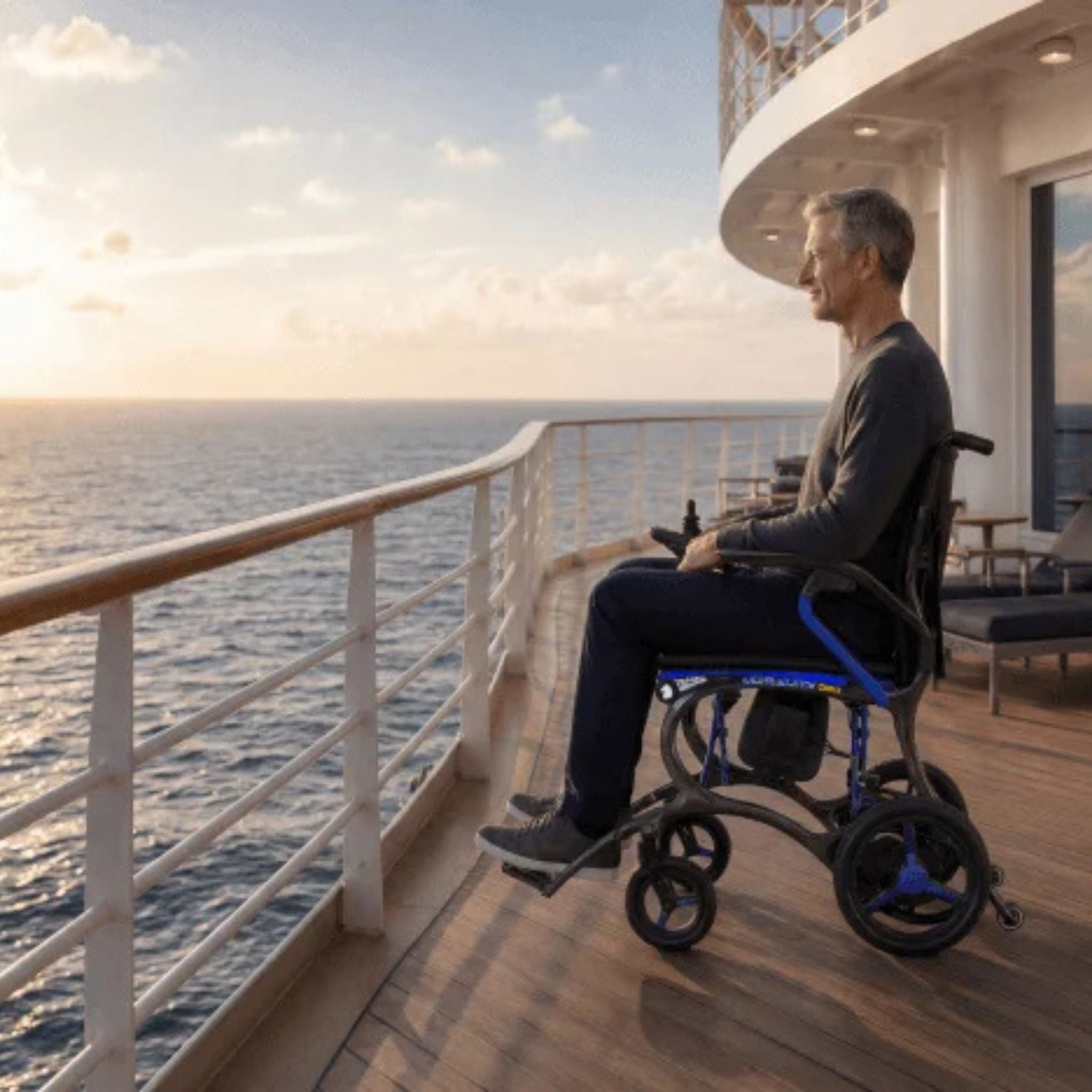 Man using the Ultralite G20 lightweight carbon fiber electric wheelchair on a cruise ship deck during sunset travel vacation mobility use