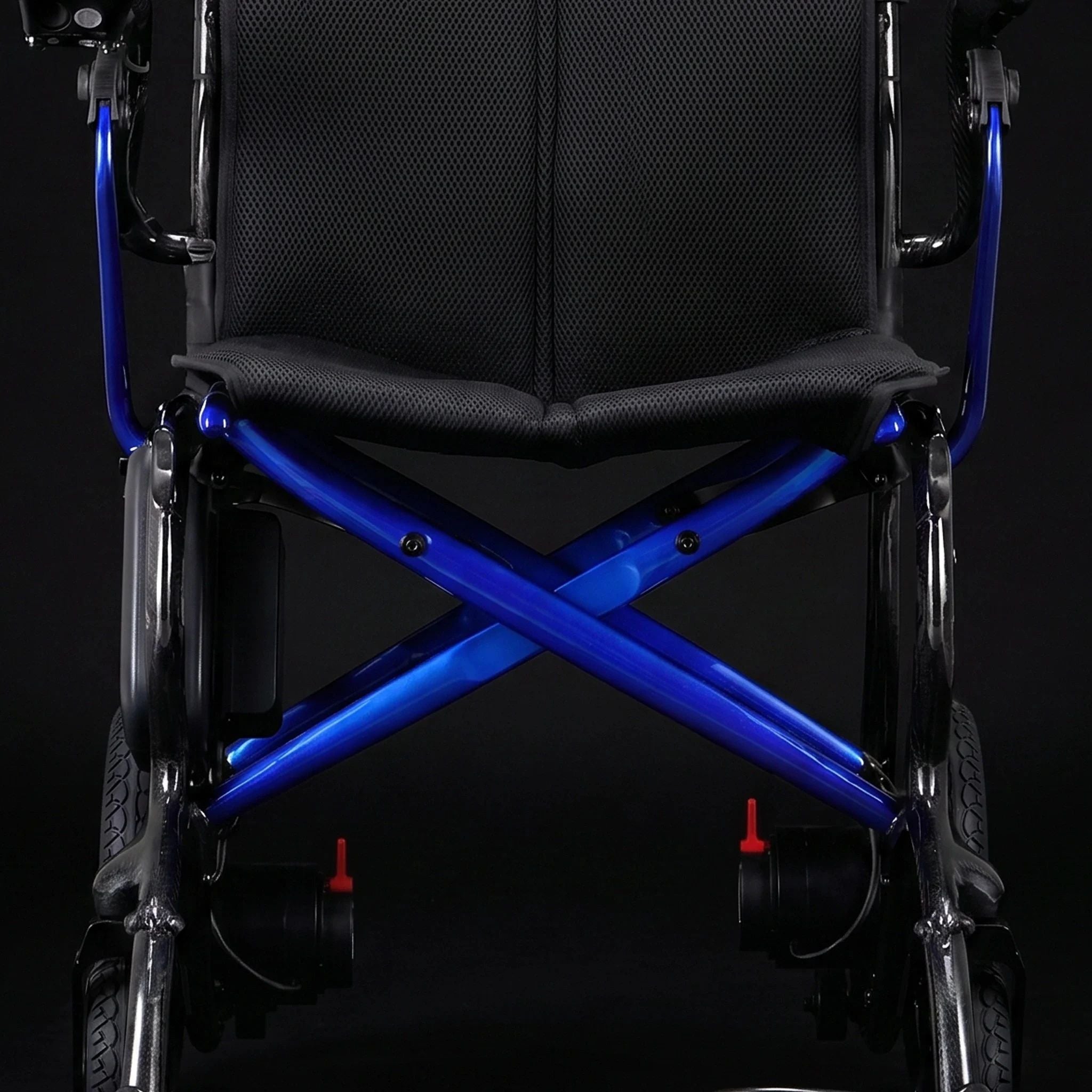 Close-up of the Ultralite G20 electric wheelchair ergonomic seating system and reinforced lightweight carbon fiber frame support structure for long-term comfort and stability