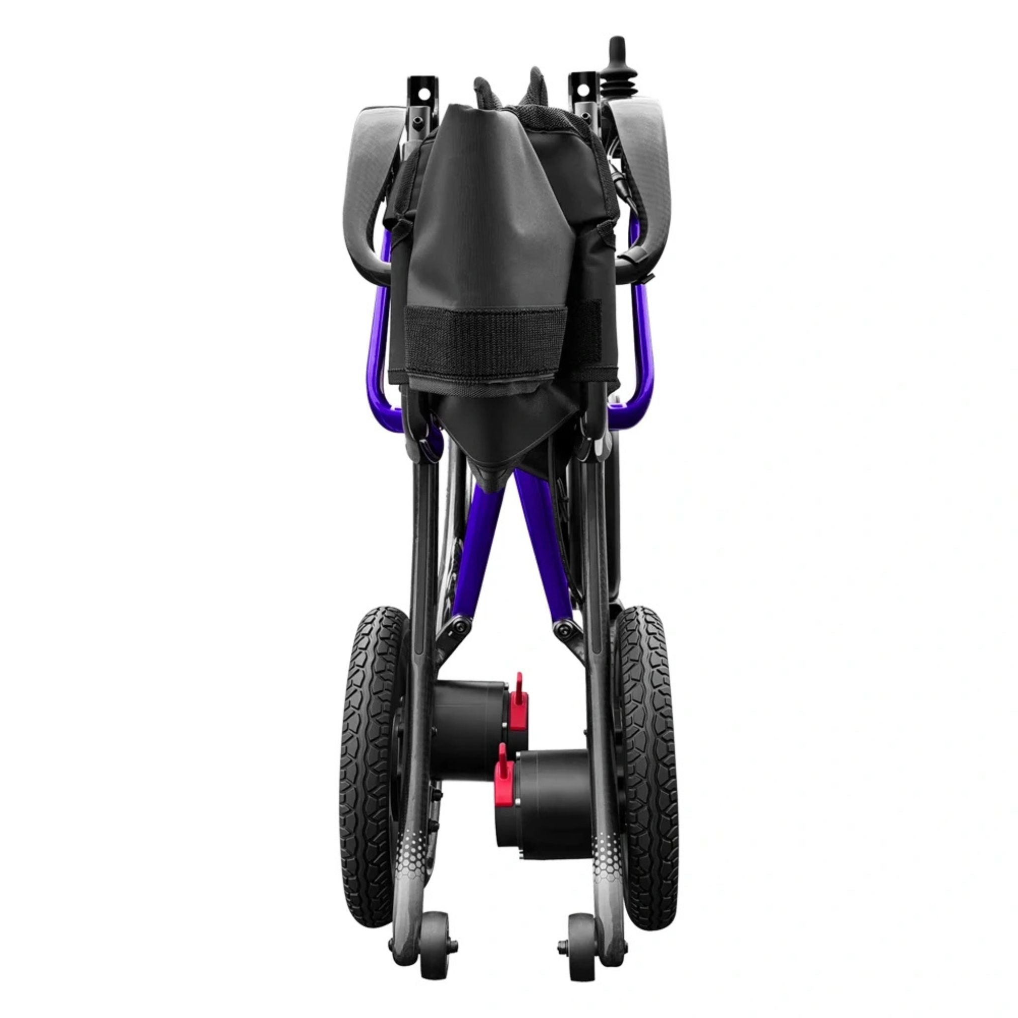 Folded view of the Ultralite G20 lightweight carbon fiber electric wheelchair showing compact travel-ready folding design for car, cruise, and airline transportation