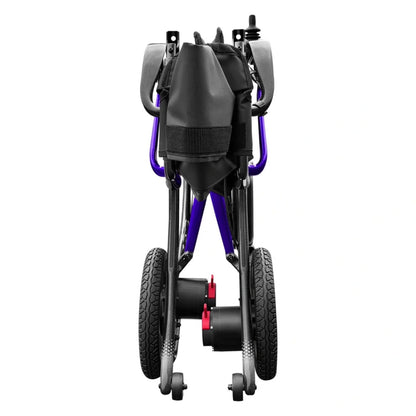 Folded view of the Ultralite G20 lightweight carbon fiber electric wheelchair showing compact travel-ready folding design for car, cruise, and airline transportation