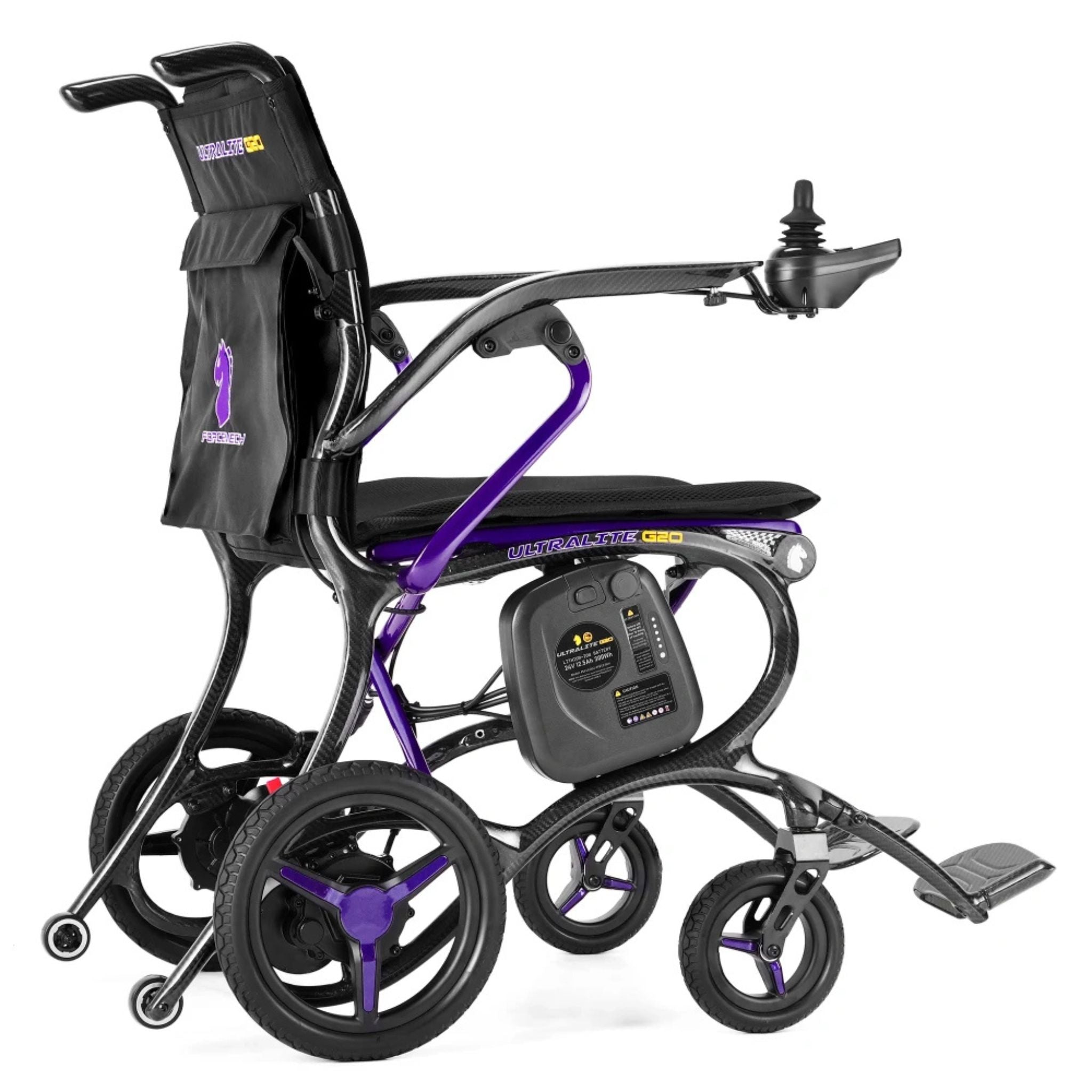 Rear angle view of the Ultralite G20 folding carbon fiber electric wheelchair showing lightweight travel-ready frame and compact portability design