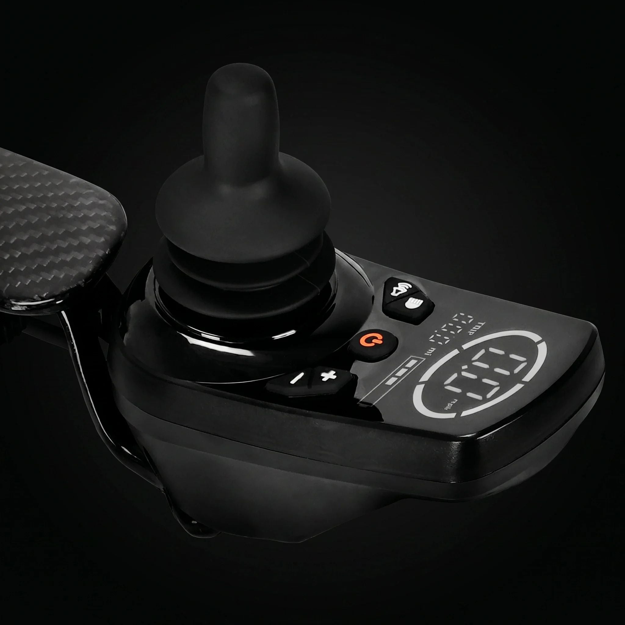 Close-up of the Ultralite G20 electric wheelchair intelligent joystick controller with digital display, speed controls, and ergonomic precision driving system for smooth mobility operation