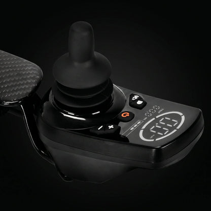 Close-up of the Ultralite G20 electric wheelchair intelligent joystick controller with digital display, speed controls, and ergonomic precision driving system for smooth mobility operation