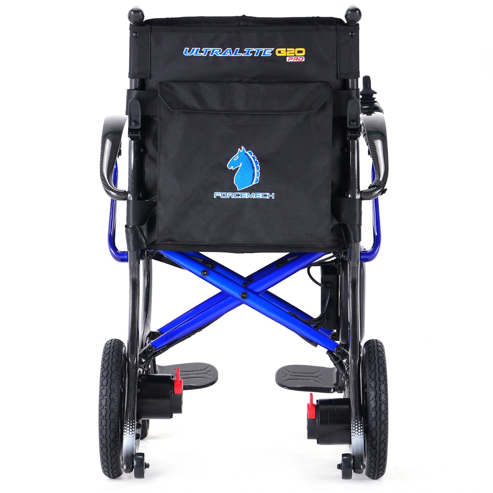 Rear view of Ultralite G20 PRO folding electric wheelchair with carbon fiber frame and storage pocket by Forcemech