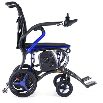 Side profile of Ultralite G20 PRO folding electric wheelchair with carbon fiber frame and removable battery