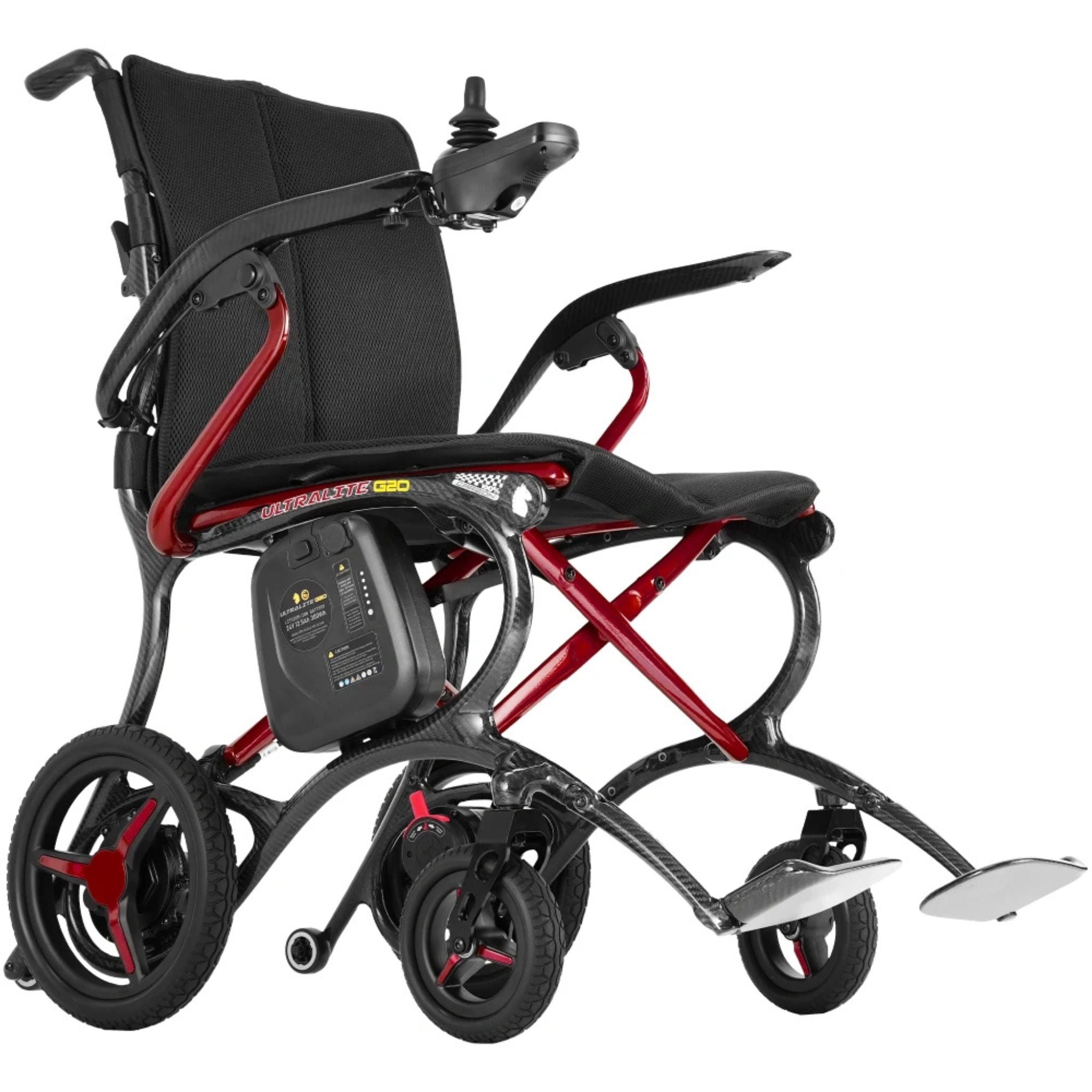 Front angle view of the Ultralite G20 red carbon fiber folding electric wheelchair with lightweight frame, ergonomic seating, and airline-friendly portable design