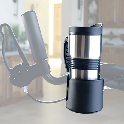 Universal drink holder accessory mounted on a Journey UPWalker rollator for carrying cups, bottles, and travel mugs hands-free