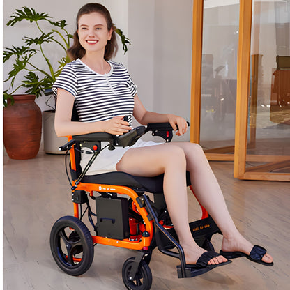 Smiling woman seated in an orange OAS Air Ultra folding electric wheelchair in a bright modern home