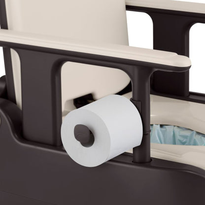 Integrated toilet paper holder on the Wrappon ORB bedside commode for convenient home care toileting access