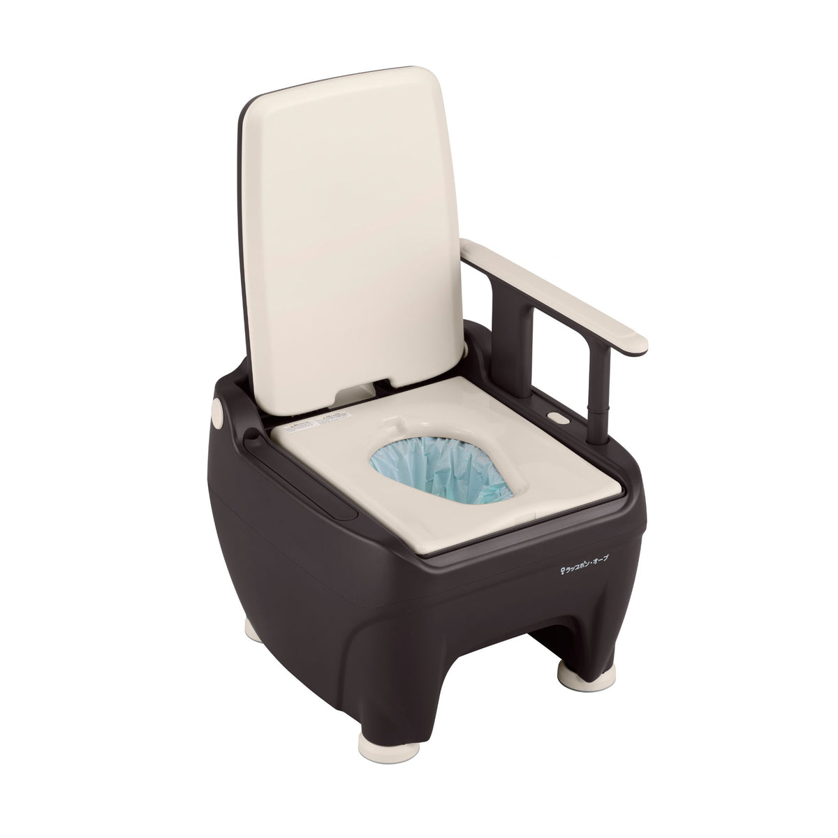 Wrappon ORB portable toilet with backrest raised, armrest and seat with sealing film liner