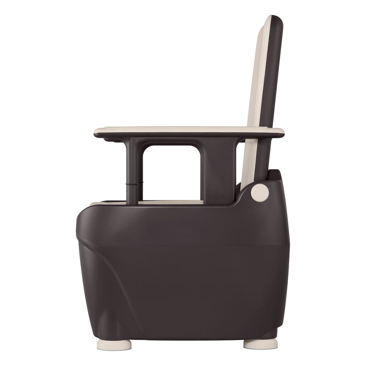Side profile of the Wrappon ORB portable toilet showing backrest, armrest and compact base