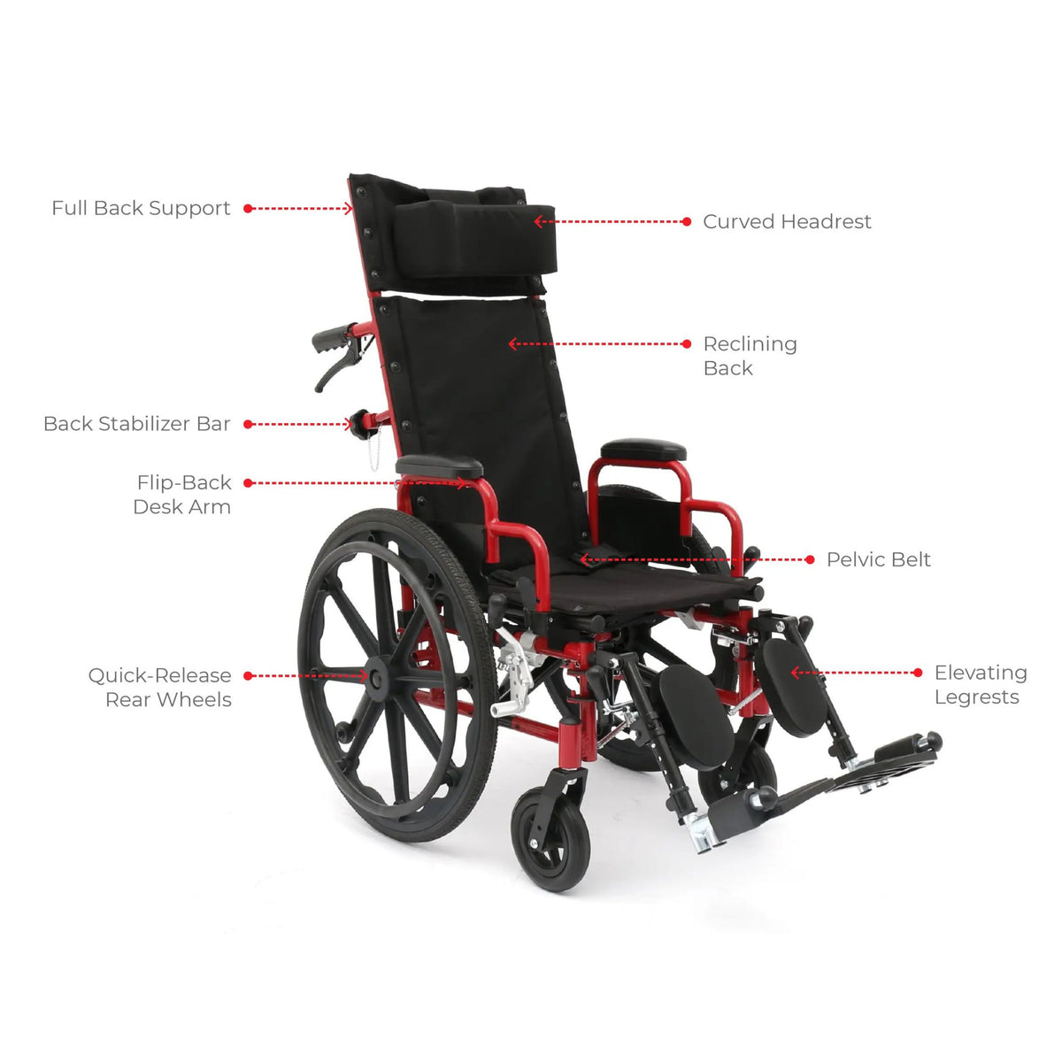 Labeled diagram of Ziggo Pro reclining wheelchair features: full back support, curved headrest, reclining back, back stabilizer bar, flip-back desk arm, pelvic belt, quick-release rear wheels and elevating legrests