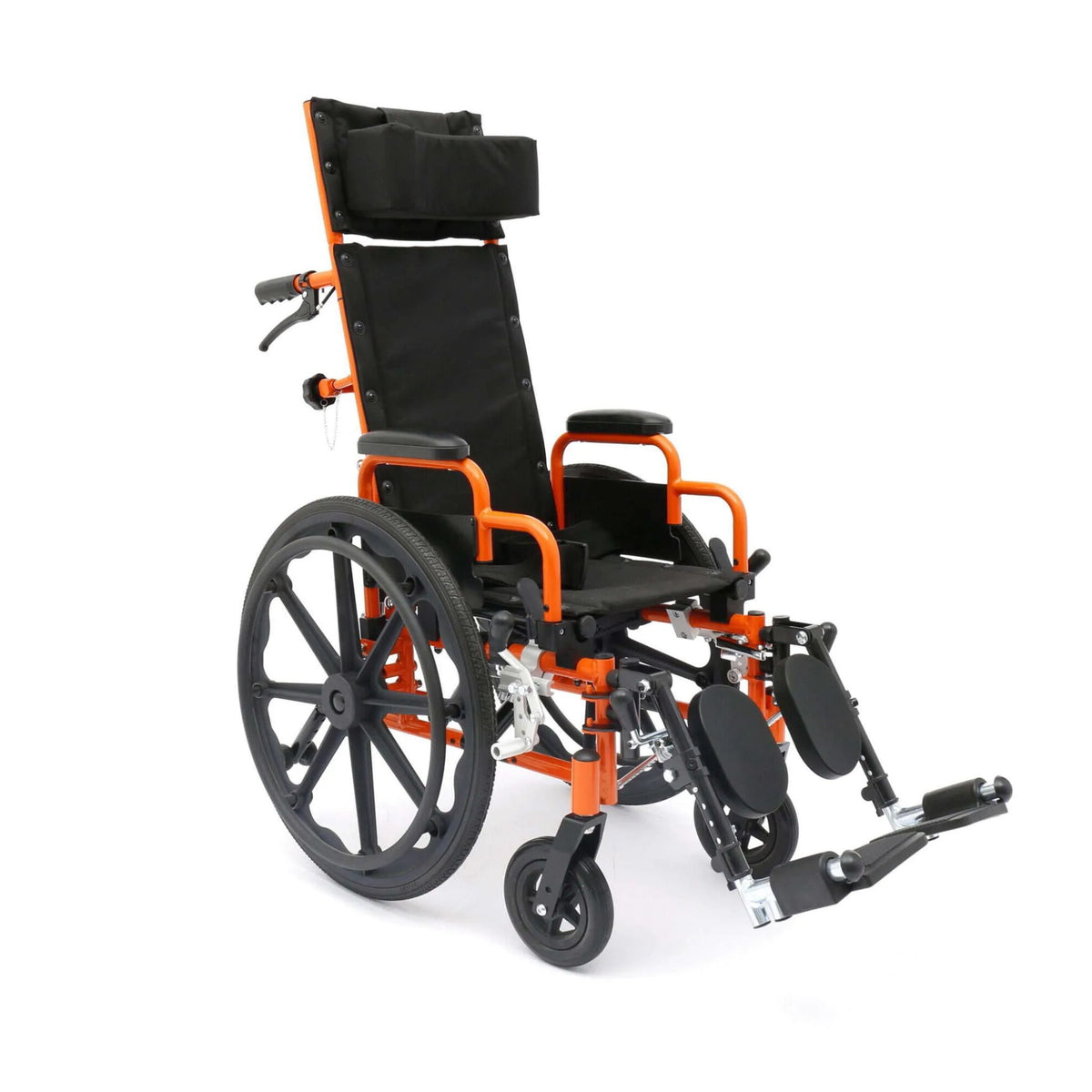 Orange 12 inch Circle Specialty Ziggo Pro reclining pediatric wheelchair with curved headrest, elevating legrests and flip-back armrests