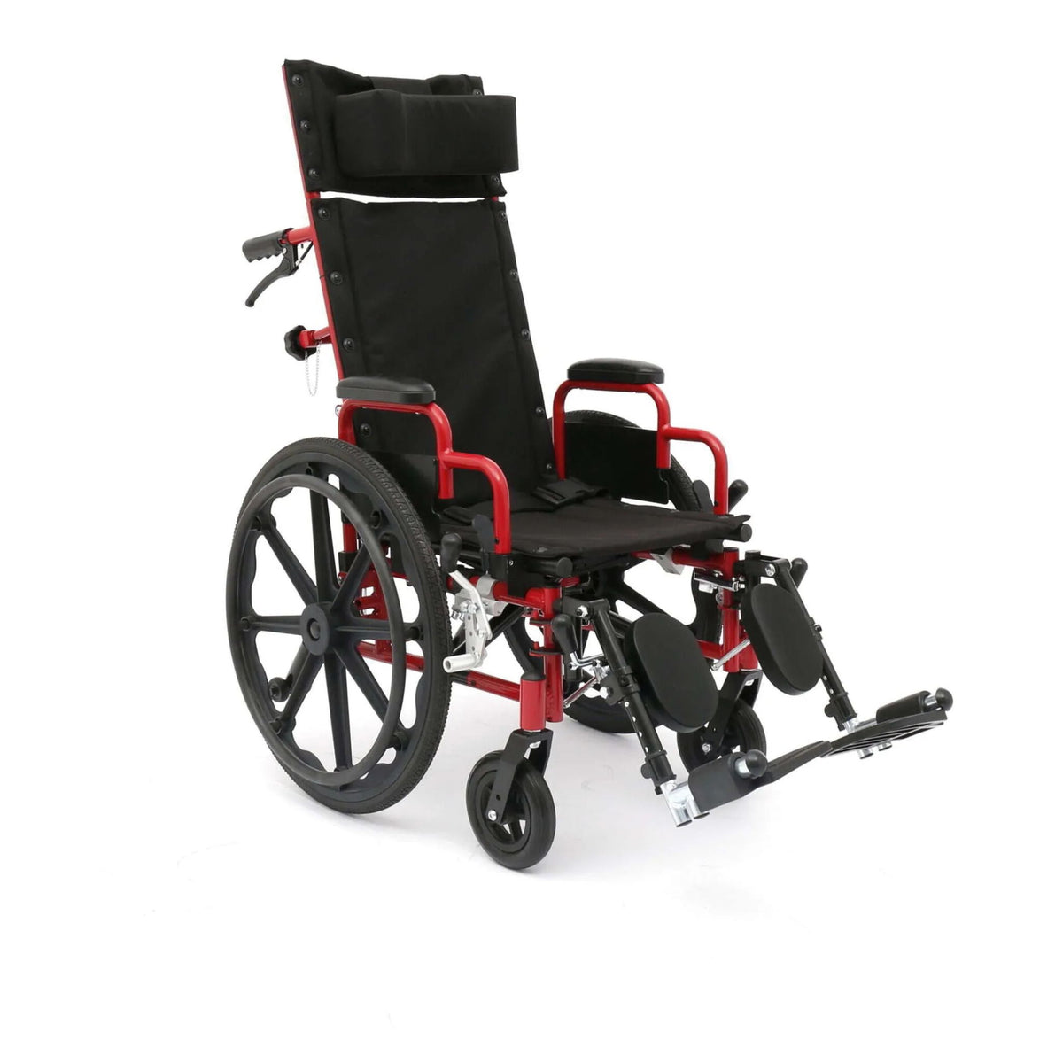 Red 14 inch Circle Specialty Ziggo Pro reclining pediatric wheelchair with curved headrest, elevating legrests and flip-back armrests
