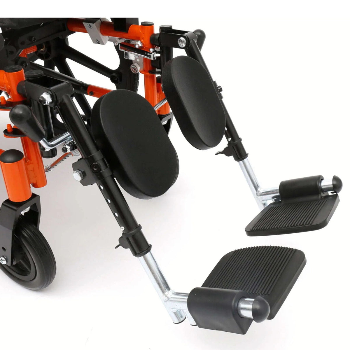 Close-up of Ziggo Pro elevating legrests with padded calf pads, length adjustment and flip-up footplates