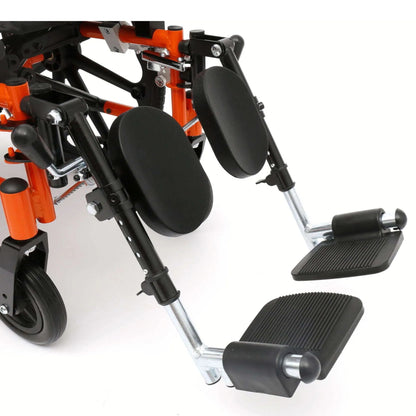 Close-up of Ziggo Pro elevating legrests with padded calf pads, length adjustment and flip-up footplates