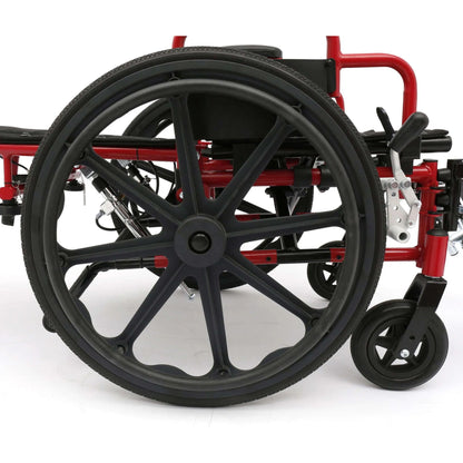 Close-up of red Ziggo Pro wheelchair quick-release rear wheel with handrim, front caster and backrest reclined flat