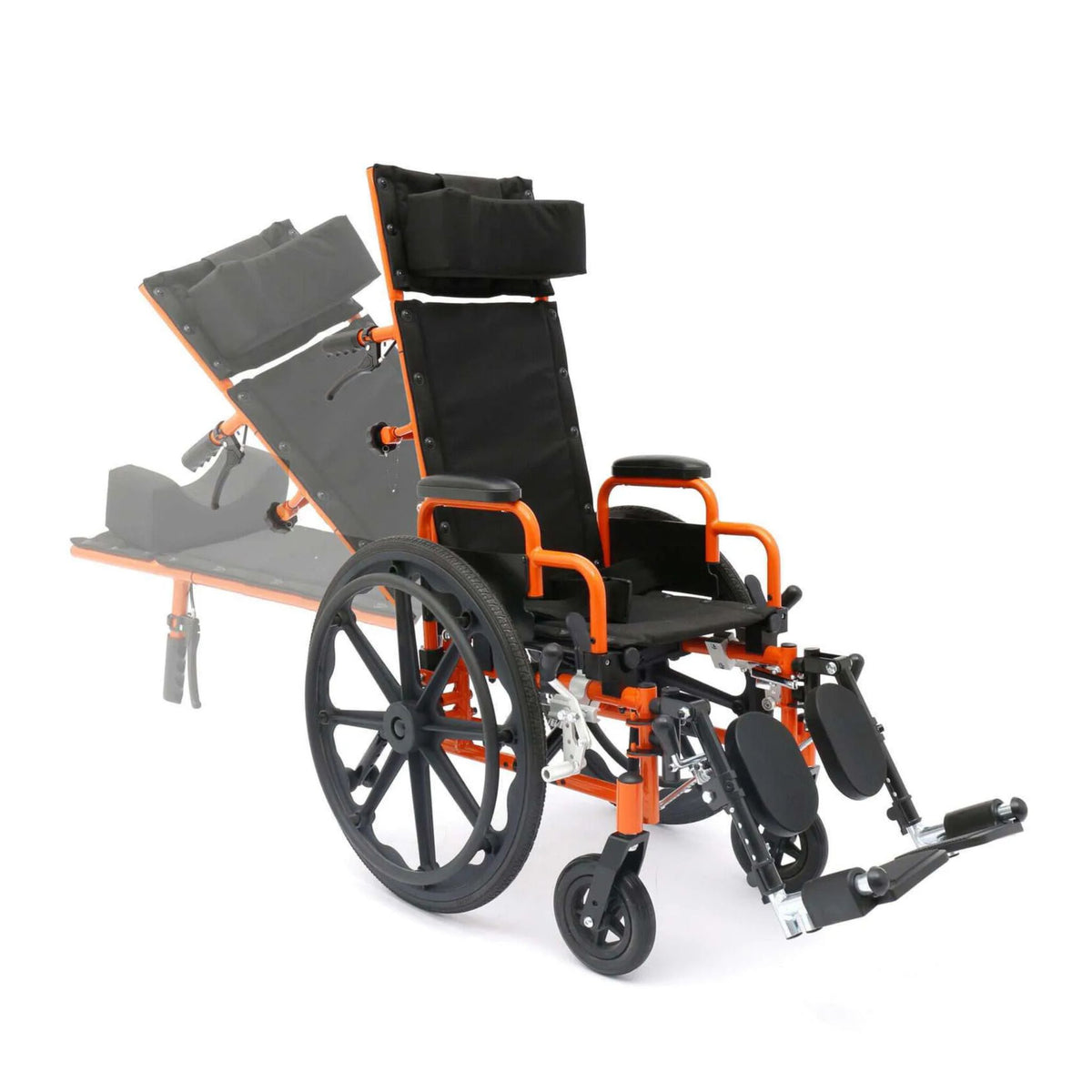 Orange Ziggo Pro wheelchair shown upright with a faded overlay of the backrest reclined to fully flat