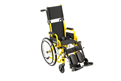 Orange Circle Specialty Ziggo Transit 12 inch pediatric wheelchair with headrest extension, pelvic belt, heel straps and elevating legrests
