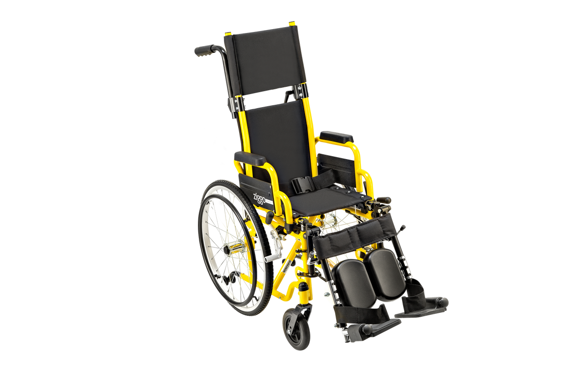 Orange Circle Specialty Ziggo Transit 12 inch pediatric wheelchair with headrest extension, pelvic belt, heel straps and elevating legrests