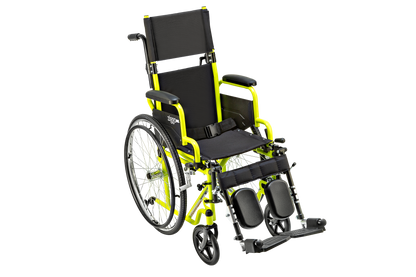 Yellow Circle Specialty Ziggo Transit 14 inch pediatric wheelchair with headrest extension, pelvic belt, flip-back armrests and elevating legrests