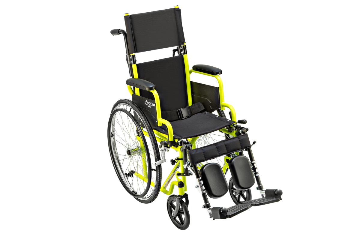 Yellow Circle Specialty Ziggo Transit 14 inch pediatric wheelchair with headrest extension, pelvic belt, flip-back armrests and elevating legrests