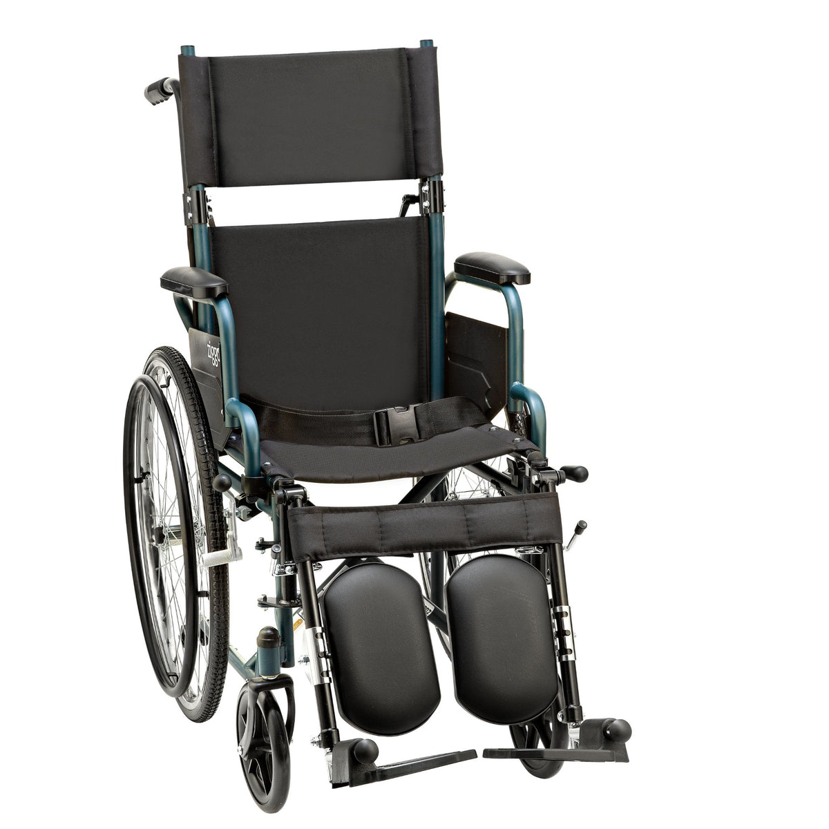 Blue Circle Specialty Ziggo Transit 16 inch pediatric wheelchair with headrest extension, pelvic belt and padded elevating legrests
