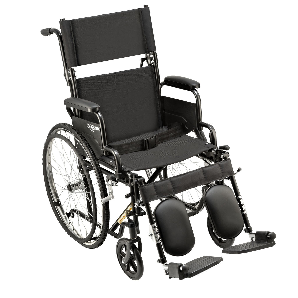 Black Ziggo Transit 18 inch wheelchair, angled view showing spoked rear wheels with handrims, headrest extension and legrests