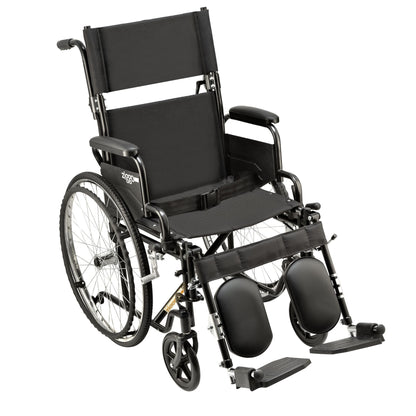 Black Ziggo Transit 18 inch wheelchair, angled view showing spoked rear wheels with handrims, headrest extension and legrests