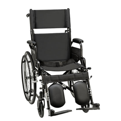 Black Circle Specialty Ziggo Transit 18 inch pediatric wheelchair, front view with headrest extension, pelvic belt and elevating legrests