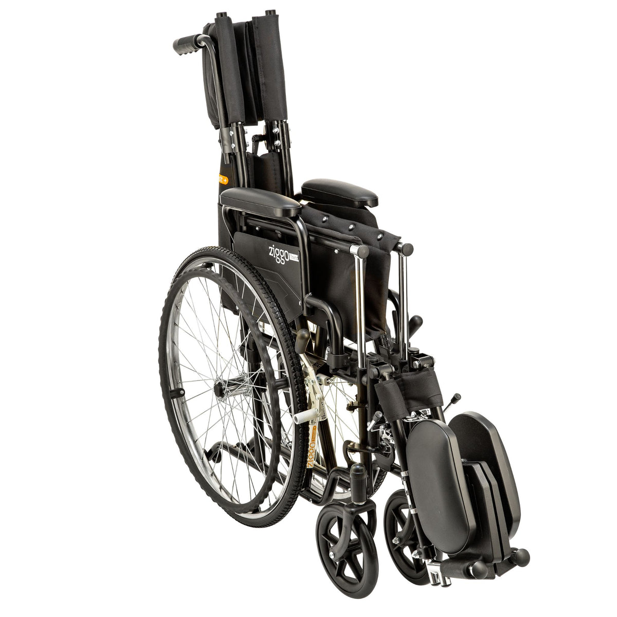 Ziggo Transit wheelchair folded for transport, with elevating legrests swung to the side and backrest folded