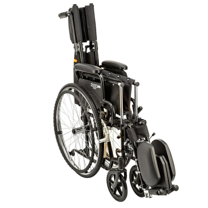 Ziggo Transit wheelchair folded for transport, with elevating legrests swung to the side and backrest folded