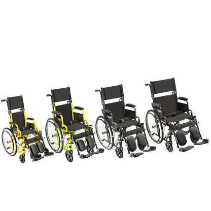 Ziggo Transit wheelchairs in four sizes and colors: 12 inch orange, 14 inch yellow, 16 inch blue and 18 inch black