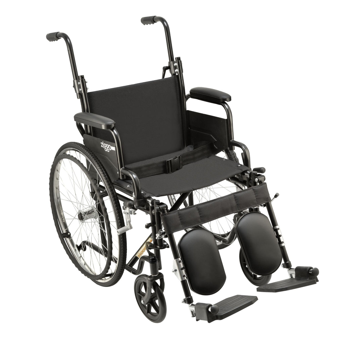 Black Ziggo Transit wheelchair shown without the headrest extension, with push handles raised and elevating legrests