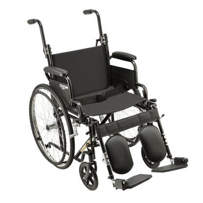 Black Ziggo Transit wheelchair shown without the headrest extension, with push handles raised and elevating legrests