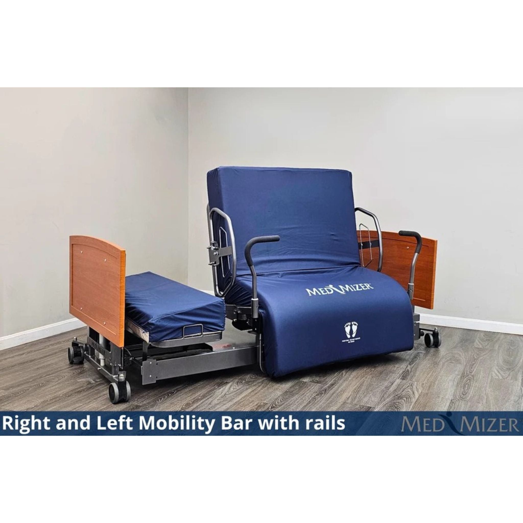 ActiveCare bed in chair position with right and left mobility bars and side rails for transfer support
