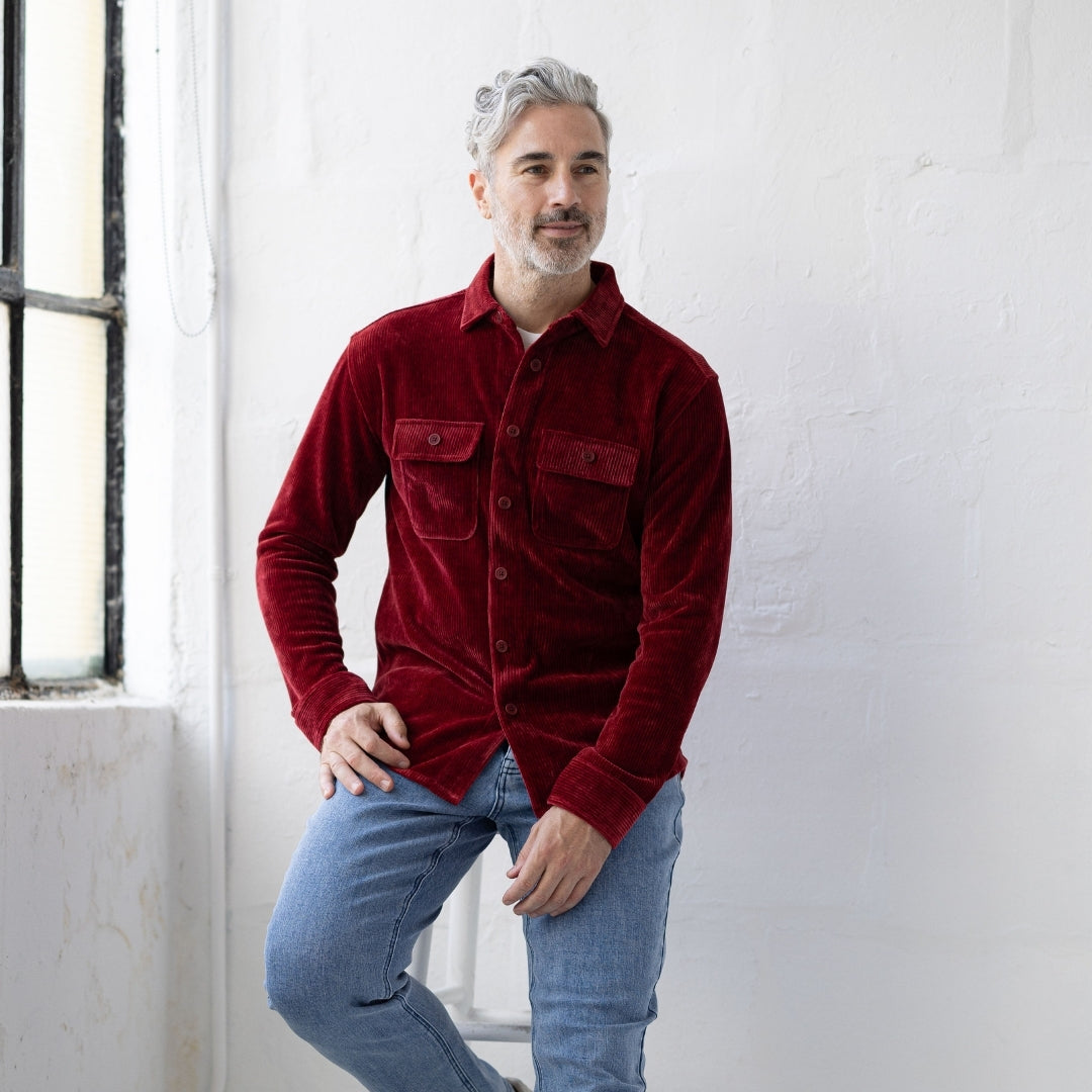 Adaptive Classic Red Everyday Corduroy Shirt with Magnetic Closures and Pockets
