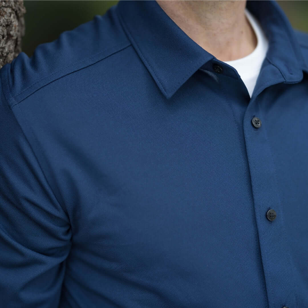 Adaptive True Navy Magnetic Front Long Sleeve Cooling Adaptive Polo with Pocket