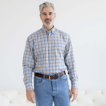 Blue and Brown Plaid Long Sleeve Button Down Collar Shirt with Magnetic Closures