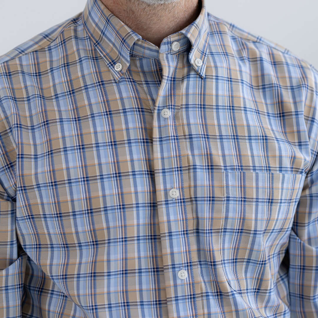 Blue and Brown Plaid Long Sleeve Button Down Collar Shirt with Velcro Closures