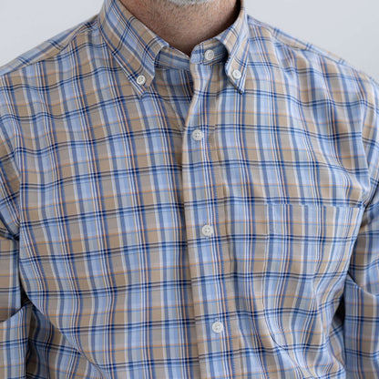 Blue and Brown Plaid Long Sleeve Button Down Collar Shirt with Velcro Closures