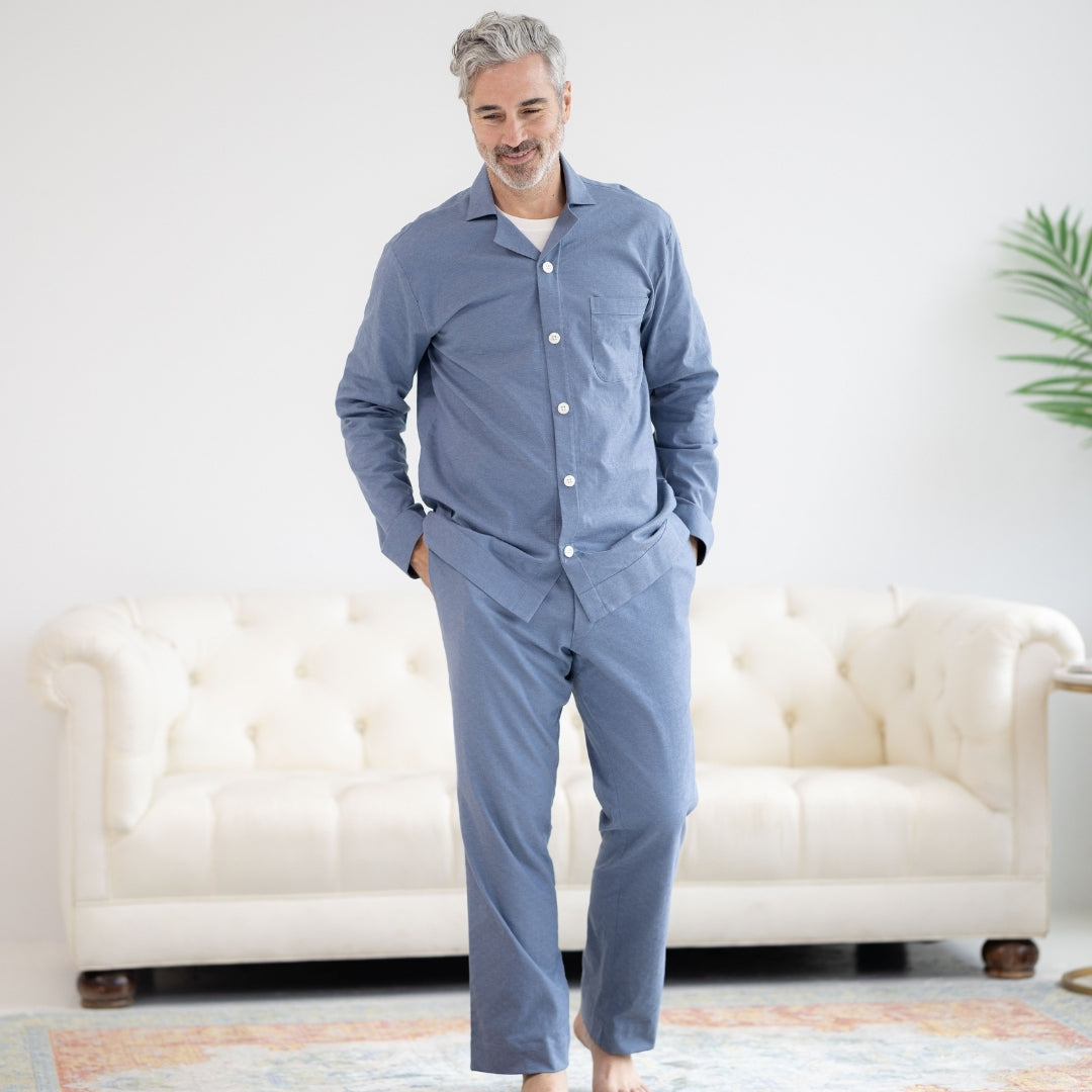 Long Sleeve Blue Brushed Flannel Pajama Top with Magnetic Closures