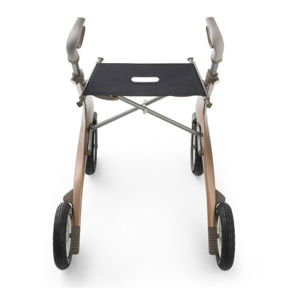 Front view of the byACRE Carbon Overland rollator showing seat, frame, and all-terrain wheel configuration.