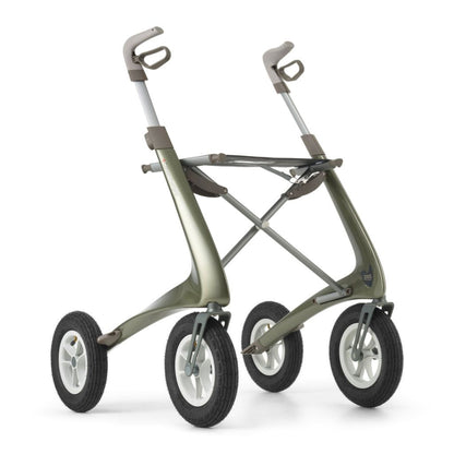 byACRE Carbon Overland all-terrain rollator in Defender Green with large pneumatic wheels and carbon composite frame.