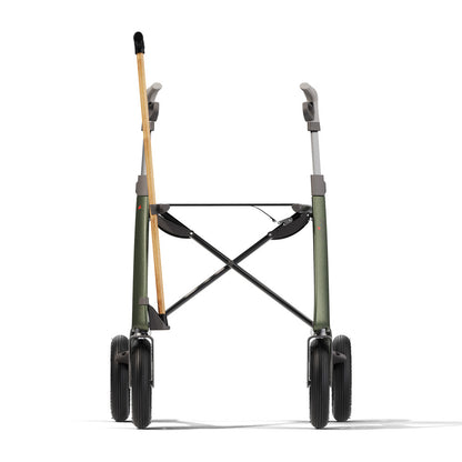 Rear view of the byACRE Carbon Overland rollator with cane securely attached using the cane holder accessory