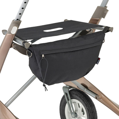 Removable storage bag mounted beneath the seat of the byACRE Carbon Overland rollator.