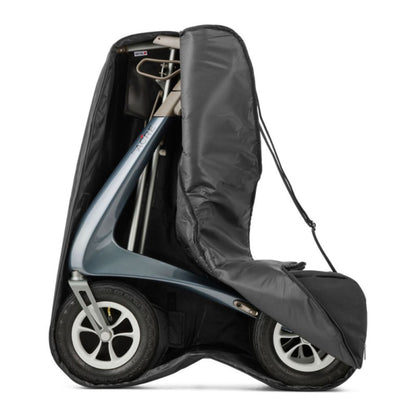 byACRE Carbon Overland travel bag open to show a folded blue Carbon Overland rollator packed inside