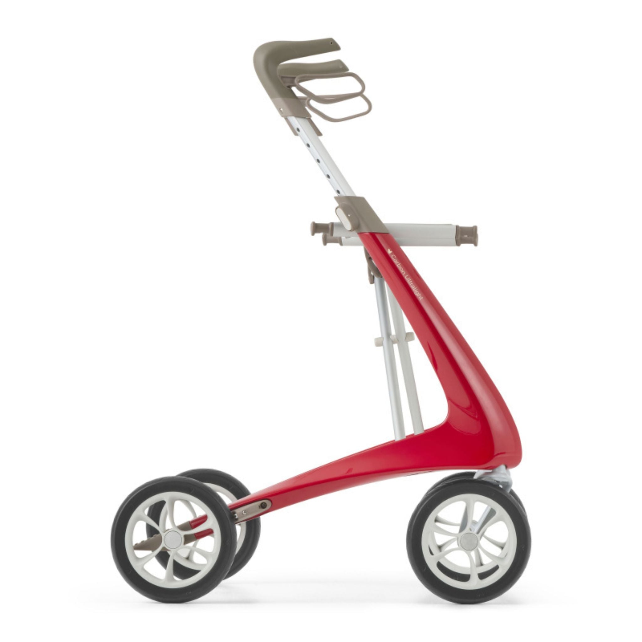 Side profile of a Strawberry Red byACRE Carbon Ultralight carbon fiber rollator with ergonomic handles and seat